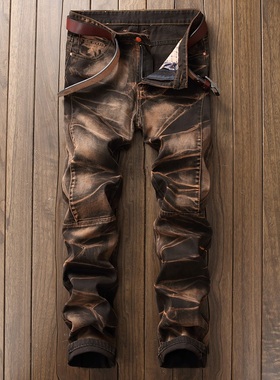 欧美原创男士潮流复古怀旧直筒牛仔裤男休闲修身裤子外贸大码长裤