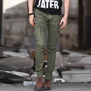 裤 欧美潮流男士 工装 多口袋高街机车修身 BIKER褶皱弹力小脚休闲裤