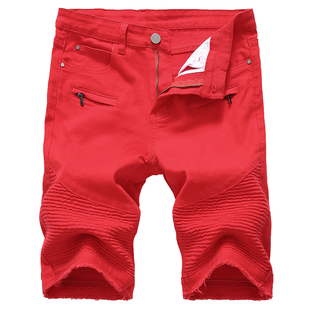 马裤 欧美BIKER褶皱直筒牛仔短裤 潮流弹力五分裤 高街男士 JEANS 中裤