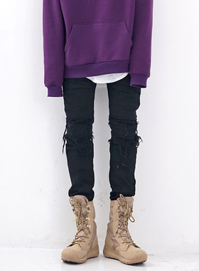 FOG欧美嘻哈膝盖破坏牛仔裤弹力潮流高街黑色破洞修身小脚裤男生