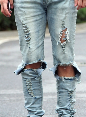 欧美高街膝盖大破洞牛仔裤潮流男士弹力修身小脚裤权志龙GD同款裤