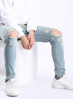 欧美高街膝盖破洞牛仔裤潮流男生弹力修身裤小脚乞丐裤gd同款裤