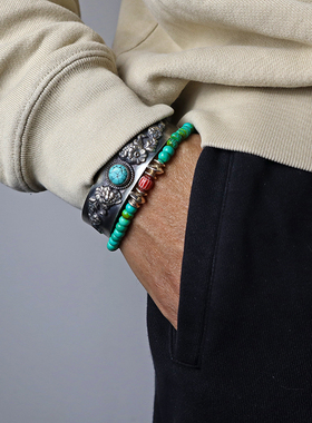 原创设计印第安925银飞碟珠隔珠情侣手串休闲复古文玩松石珠手链