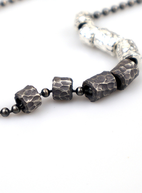 原创设计925纯银锤纹珠复古手工制作银饰桶珠散珠太角链DIY隔珠