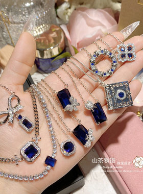 璀璨油画坦桑蓝刚玉满钻项链女