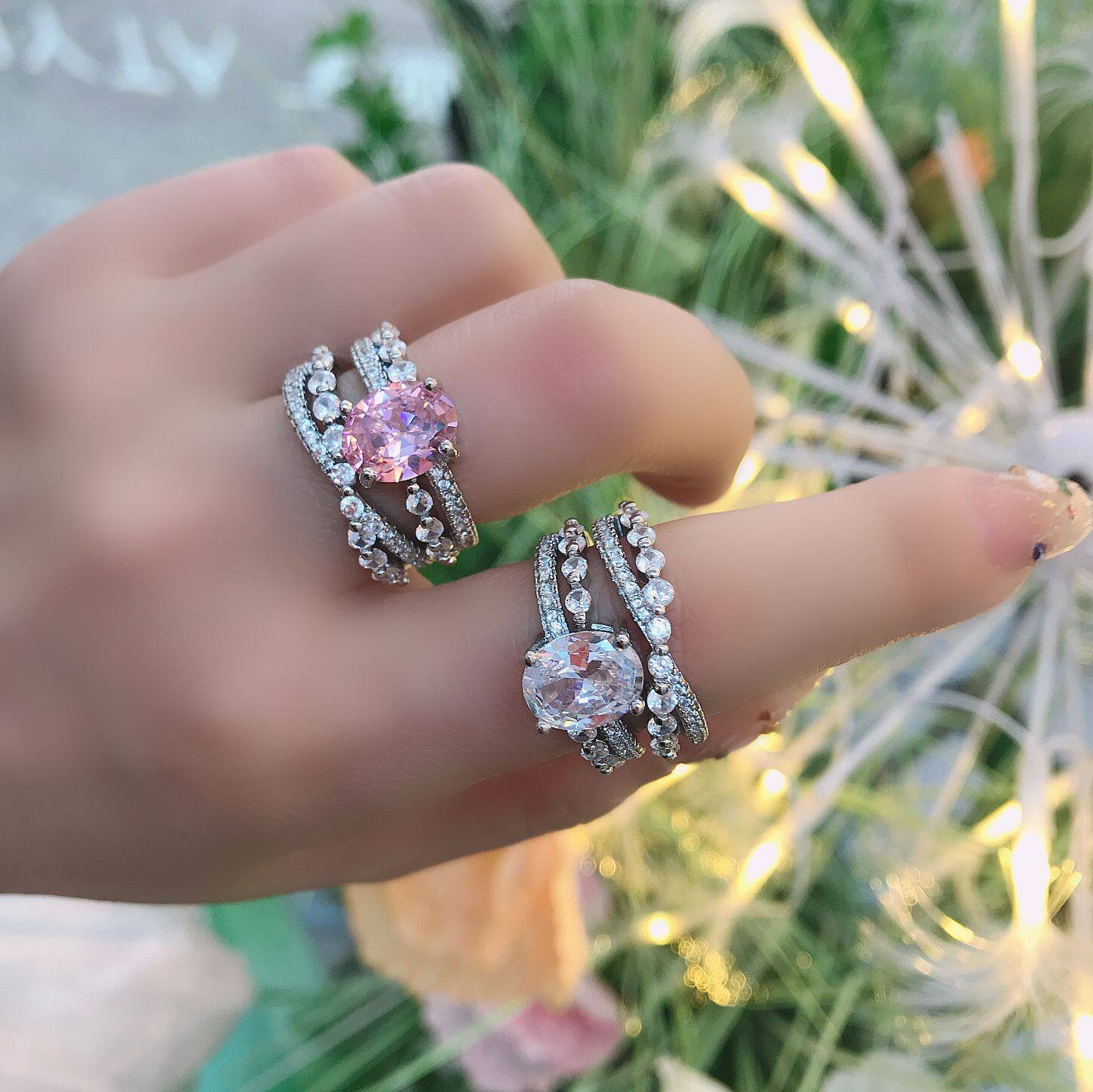 wish跨境电商时尚新品 镀18k订婚戒指欧美微镶粉白锆指环女套戒