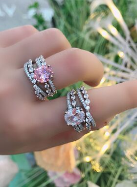 wish跨境电商时尚新品 镀18k订婚戒指欧美微镶粉白锆指环女套戒