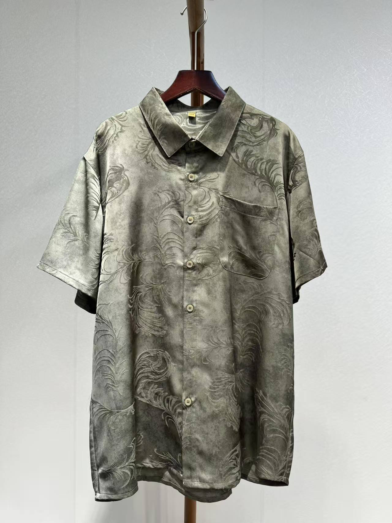 小众设计 新款重磅香云纱立体凤尾花时尚百搭短袖男款衬衫9887