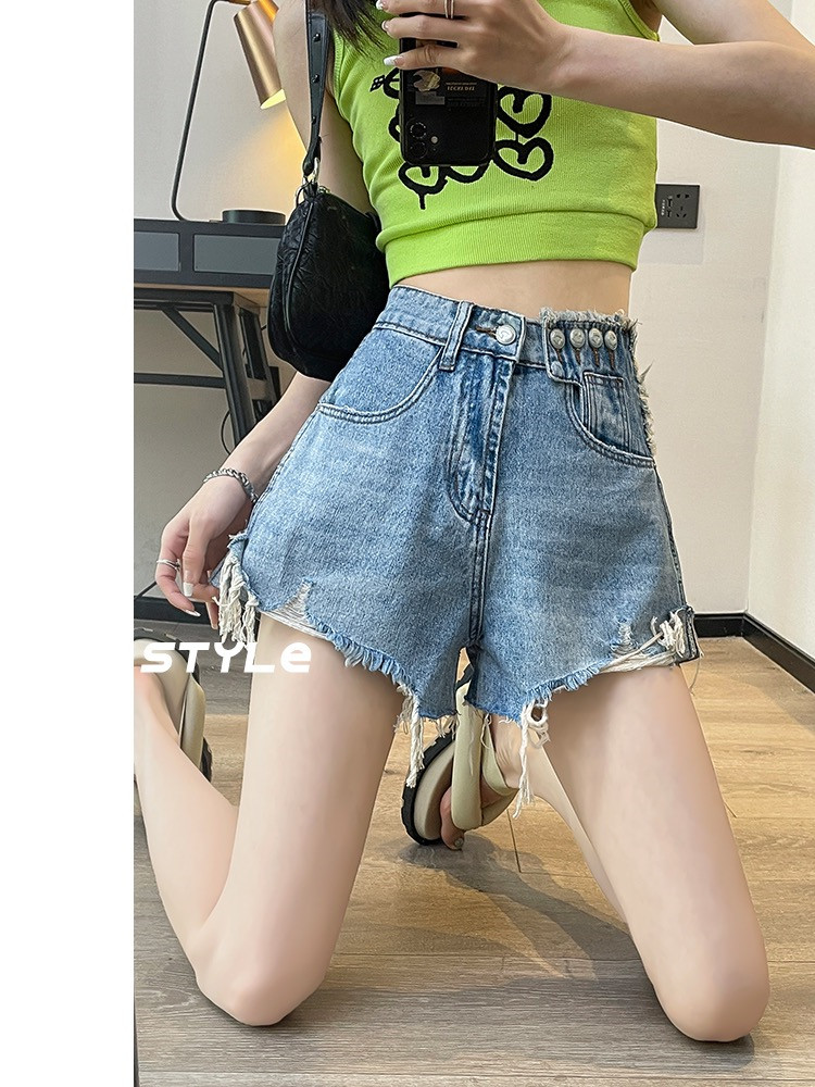 破洞牛仔短裤女高腰直筒a字热裤