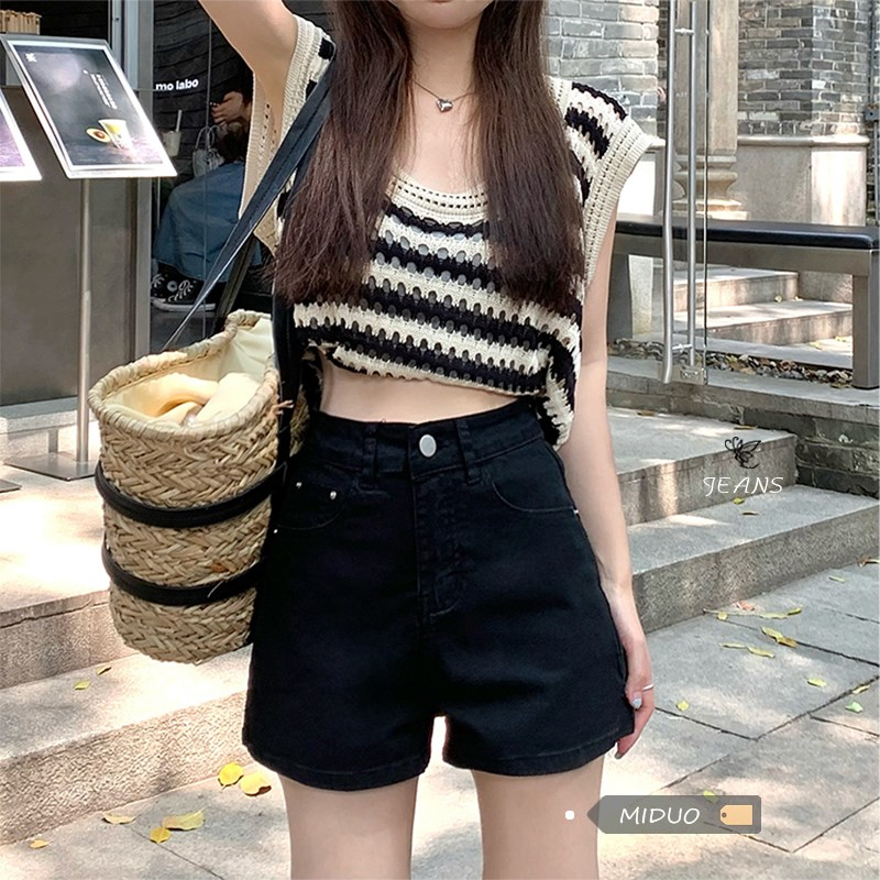 甜辣黑色牛仔短裤女夏季2025新款高腰显瘦设计感宽松A字热裤薄款