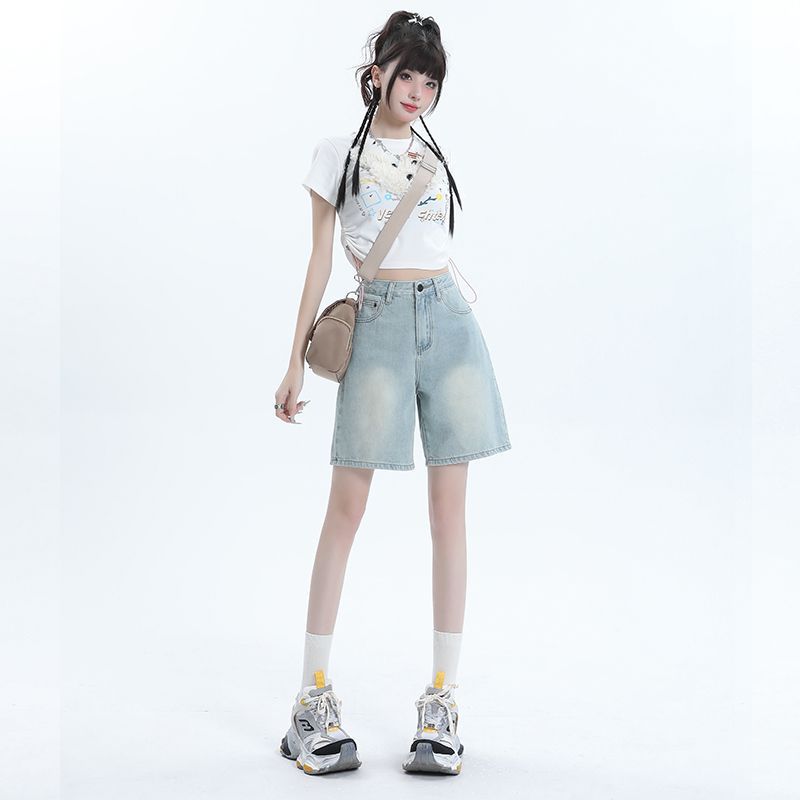 高腰五分牛仔短裤直筒阔腿小个子