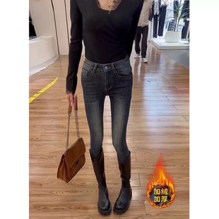 子 高腰显瘦小脚裤 复古网红辣妹紧身铅笔牛仔裤 女秋冬加绒2025新款