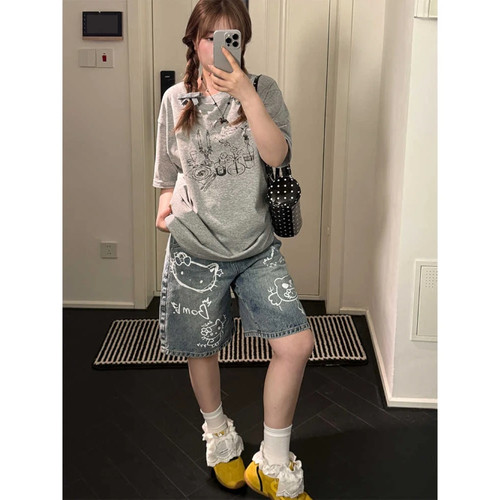 美式五分牛仔短裤女涂鸦直筒中裤