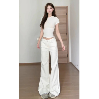 白色微喇牛仔裤女不贴腿喇叭裤