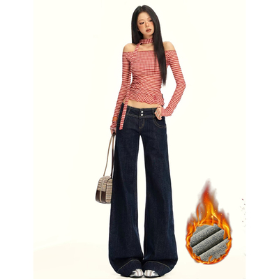 丹宁蓝窄版微喇牛仔裤女低腰美式