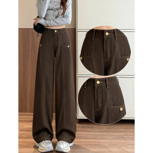 复古休闲直筒裤 摩卡棕阔腿牛仔裤 高腰宽松美式 春夏2026新款 女春季