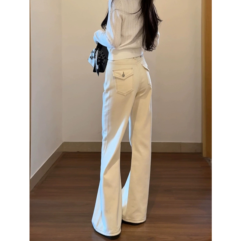 米白色微喇牛仔裤女不贴腿直筒
