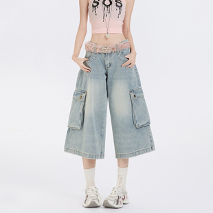 美式复古七分牛仔裤女秋冬春季2026浅蓝色直筒宽松多口袋工装裤子