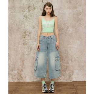 美式复古七分牛仔裤女秋冬春季2026浅蓝色直筒宽松多口袋工装裤子
