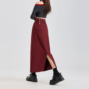 安可拉红开叉牛仔半身裙女春季 丹宁蓝高腰a字中长裙 春夏2026新款