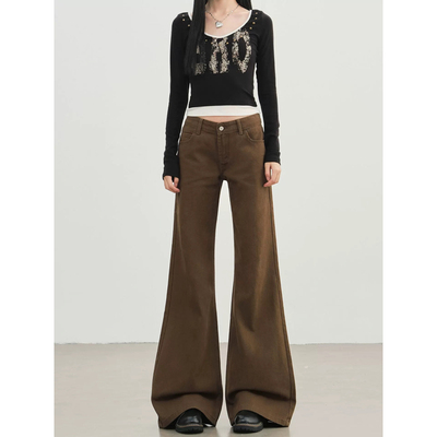 棕咖色微喇牛仔裤美式低腰宽松