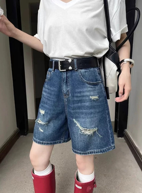 2026直筒破洞牛仔短裤女春夏薄款蓝色中裤梨型身材宽松显瘦五分裤