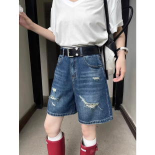 梨型身材宽松显瘦五分裤 蓝色中裤 女春夏春季 2026直筒破洞牛仔短裤