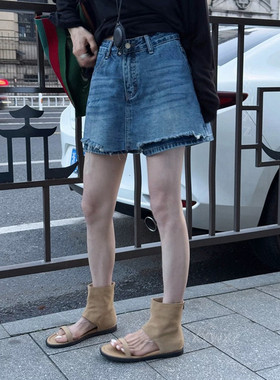 破洞毛边a字牛仔裙裤女显瘦短裤