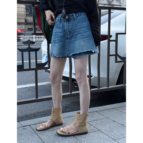 破洞毛边a字牛仔裙裤女显瘦短裤