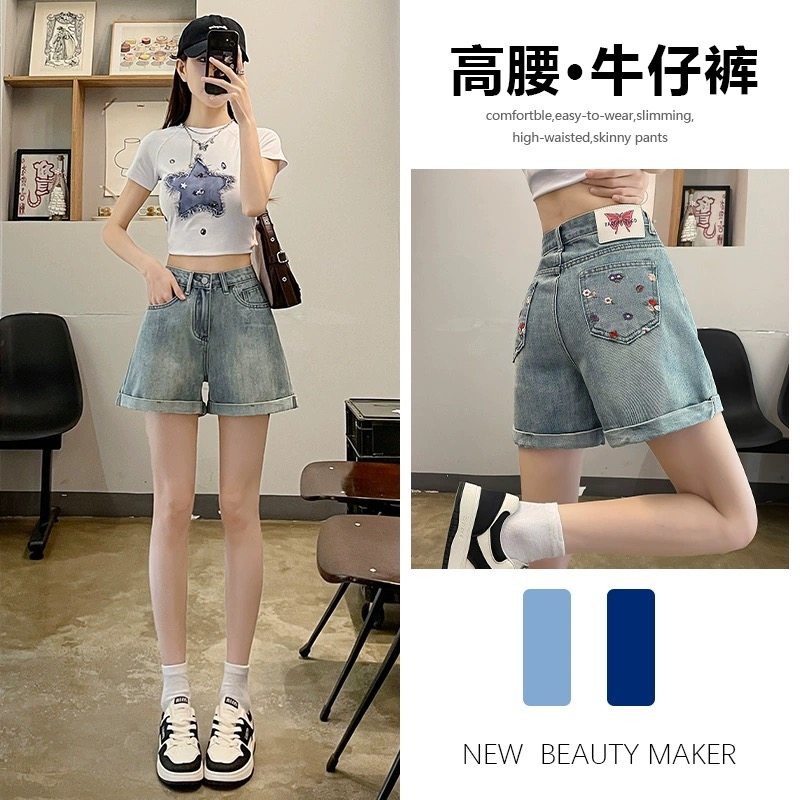 浅色牛仔短裤女碎花热裤显瘦短裤