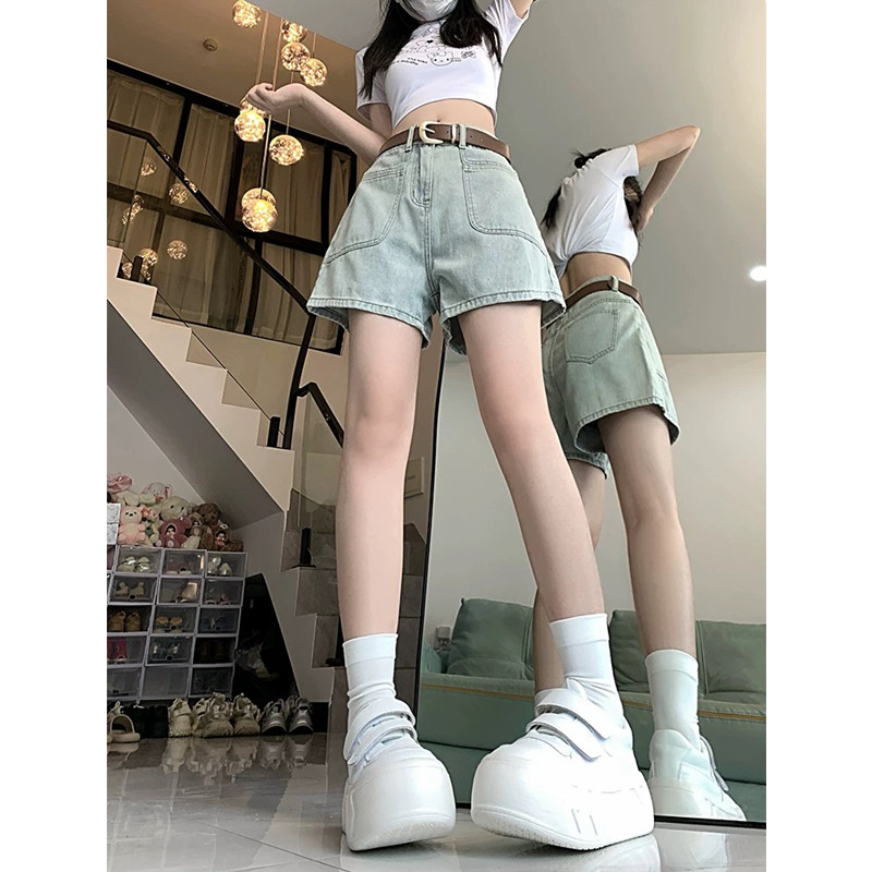 高腰牛仔短裤女复古阔腿a字热裤