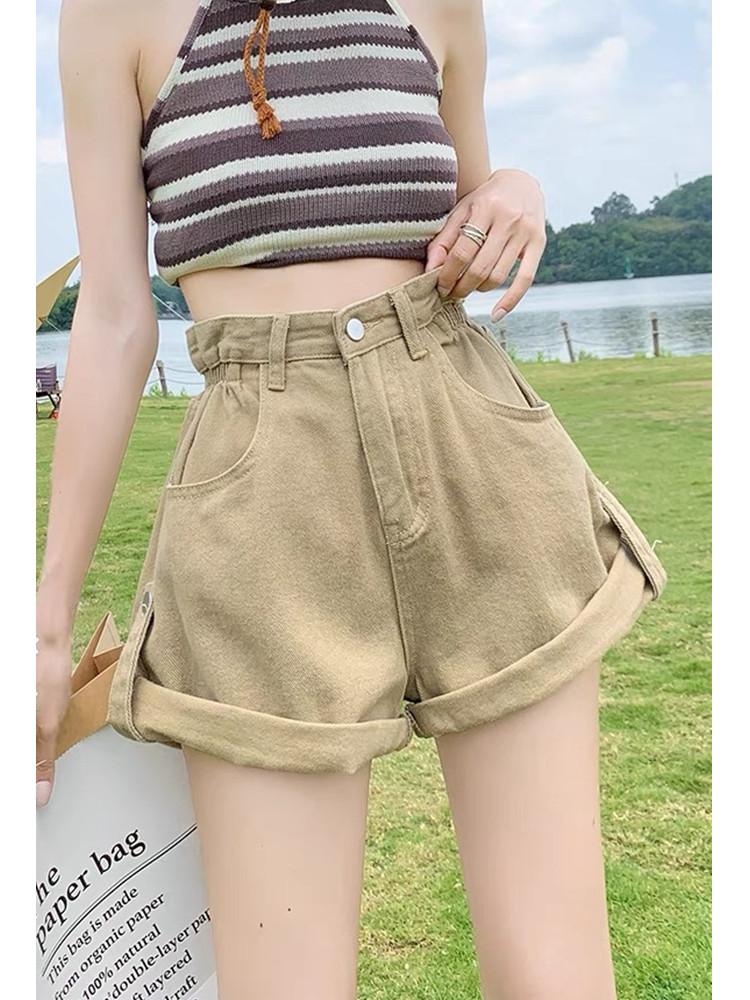 粉色高腰卷边牛仔短裤女阔腿热裤