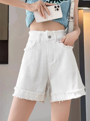 白色牛仔短裤女毛边阔腿四分裤