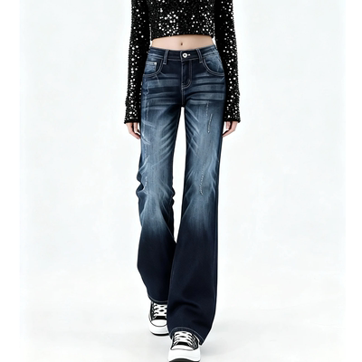 美式复古蓝灰直筒微喇牛仔裤女