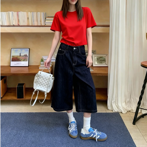 丹宁深蓝牛仔短裤女七分裤