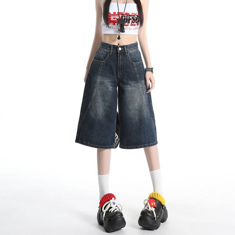 复古深蓝色阔腿七分牛仔裤五分裤