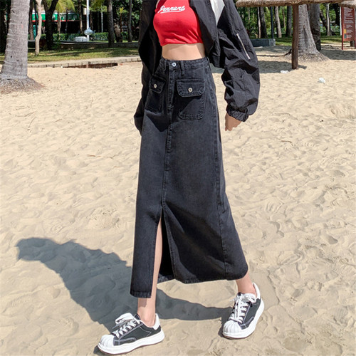牛仔半身裙女黑灰色a字包臀裙