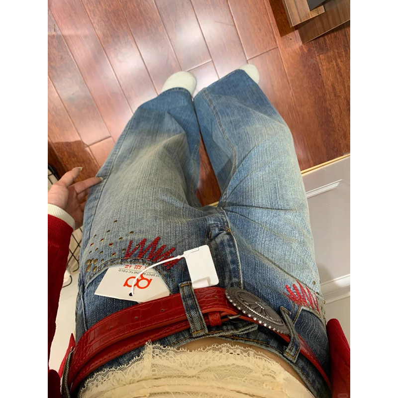 复古低腰直筒牛仔裤女秋季秋冬2025新款竹节纹美式刺绣宽松阔腿裤,女装/女士精品,牛仔裤,淘宝优惠券,粉丝福利购,淘宝优惠卷