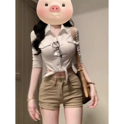 美式卡其色牛仔短裤双扣弹力包臀