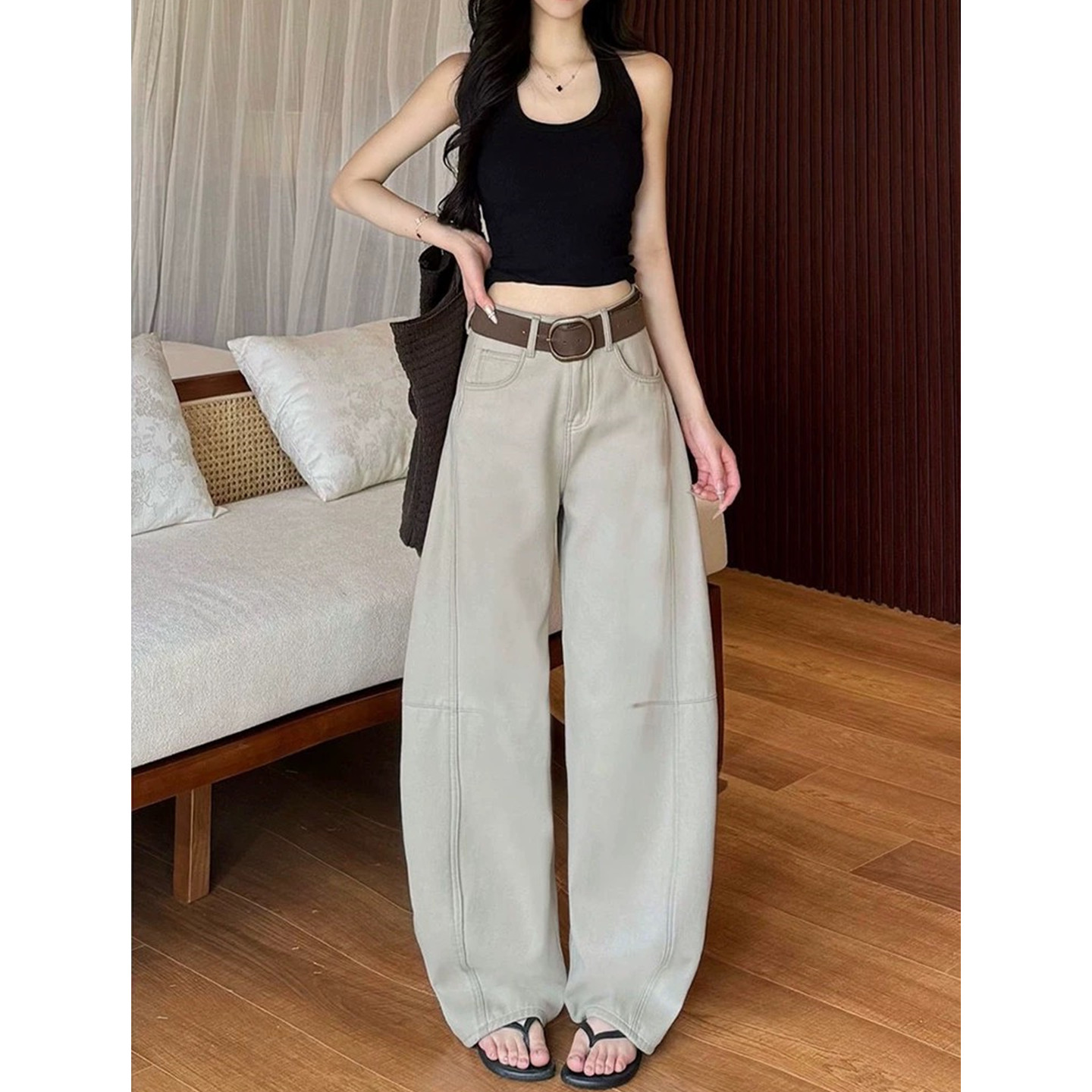 明月灰超火弯刀牛仔裤女图片