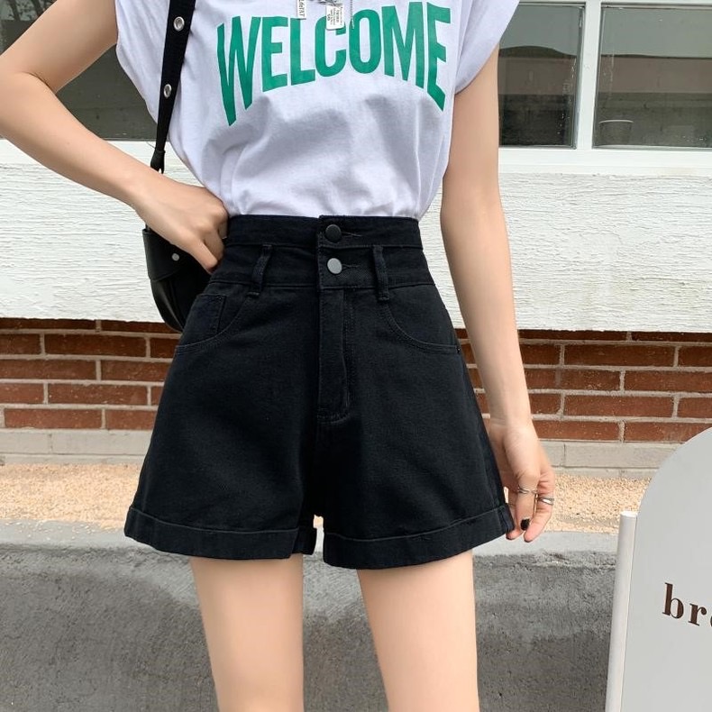 黑色牛仔短裤女设计感夏季薄款2025新款辣妹高腰显瘦宽松a字热裤