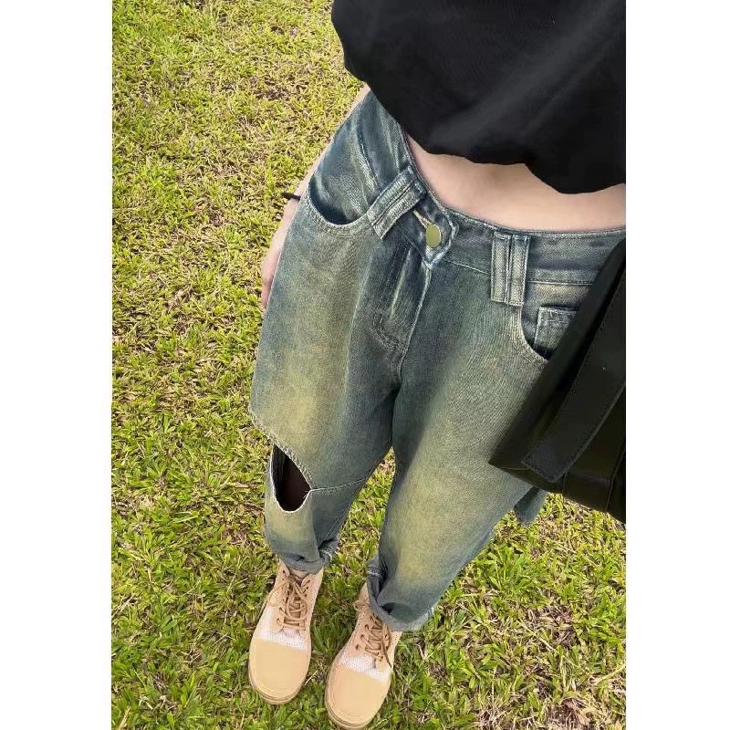 复古做旧破洞牛仔裤女秋冬春秋2023新款设计感高腰老爹哈伦直筒裤