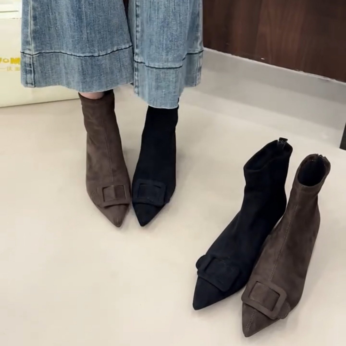 羊皮版~尖头细跟方扣高跟短靴女秋冬季弹力靴英伦风绒面瘦瘦靴子,女鞋,弹力靴/袜靴,淘宝优惠券,粉丝福利购,淘宝优惠卷