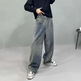 男潮牌复古蓝色宽松直筒阔腿长裤 大风车秋季 设计感水洗印花牛仔裤