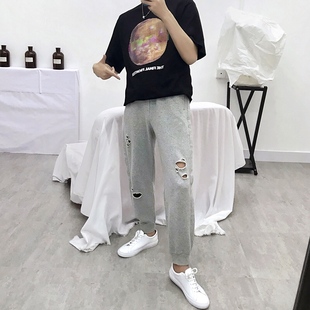 子 纯棉休闲运动裤 大风车春夏男宽松卫裤 破洞潮牌ins束脚裤