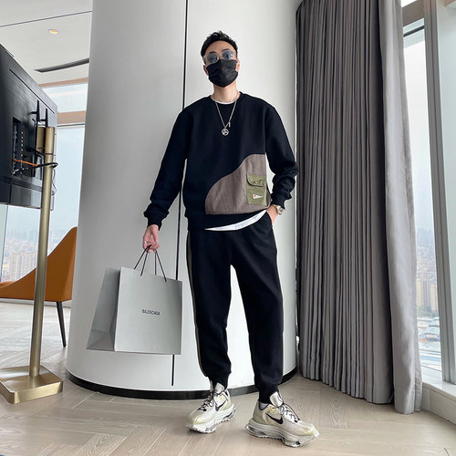 春秋设计感炸街运动拼接卫衣套装