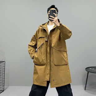 大风车春秋潮牌工装 宽松户外防风连帽冲锋衣大衣外套 风衣男中长款