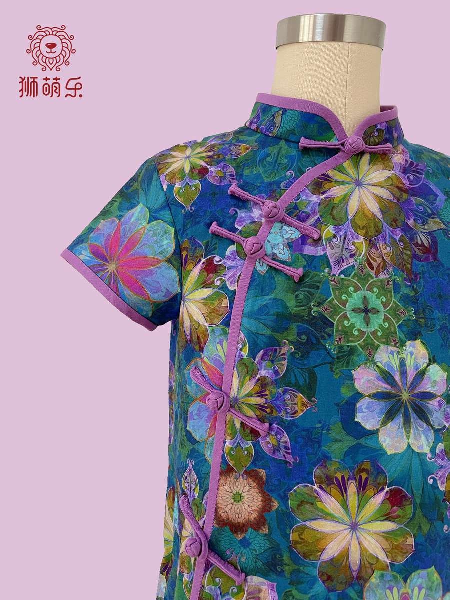 狮萌乐新品女童纯棉夏季短袖旗袍连衣裙梦幻艺术蓝紫色调花朵旗袍