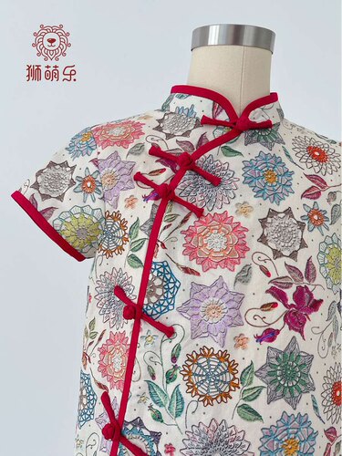 狮萌乐设计师新品纯棉女童短袖旗袍特色文艺绣花图案