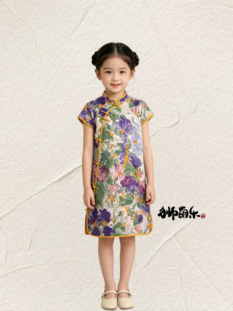 【紫韵繁花】大气花卉纯棉短袖女童旗袍连衣裙手工盘扣全开襟